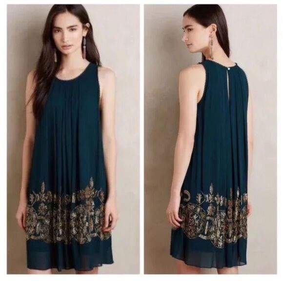 Anthropologie Dresses & Skirts - Anthropologie Pallavi Mohan Not So Serious Brenta Beaded Swing Dress Green Sz 4
